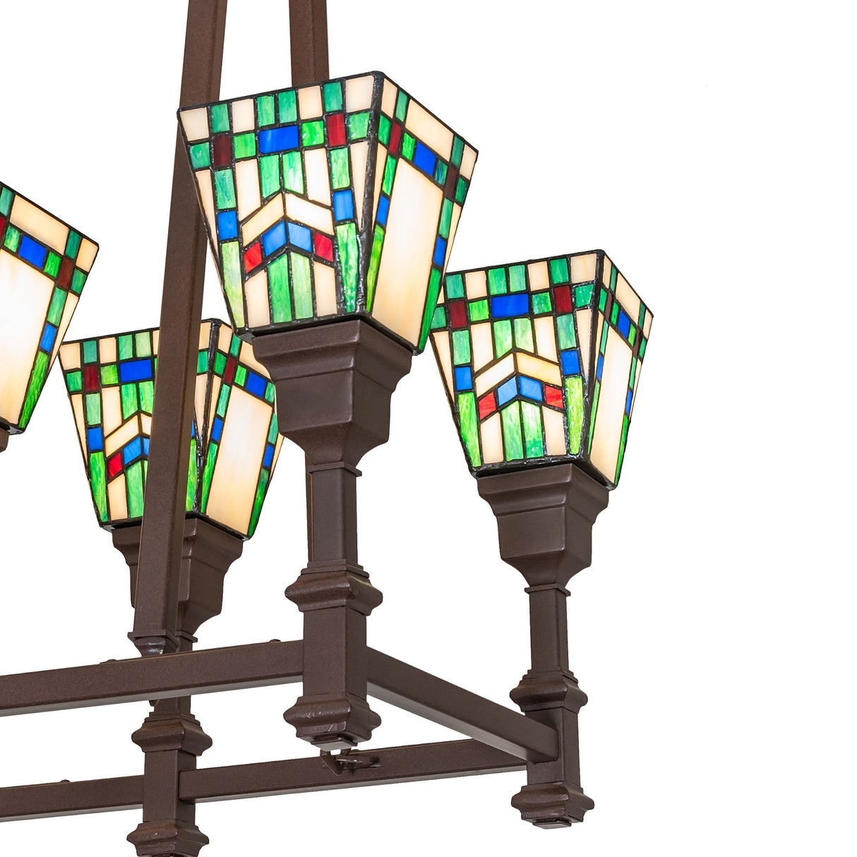 Close-up of Prairie Wheat stained glass shade with green, cream, blue, and red accents.