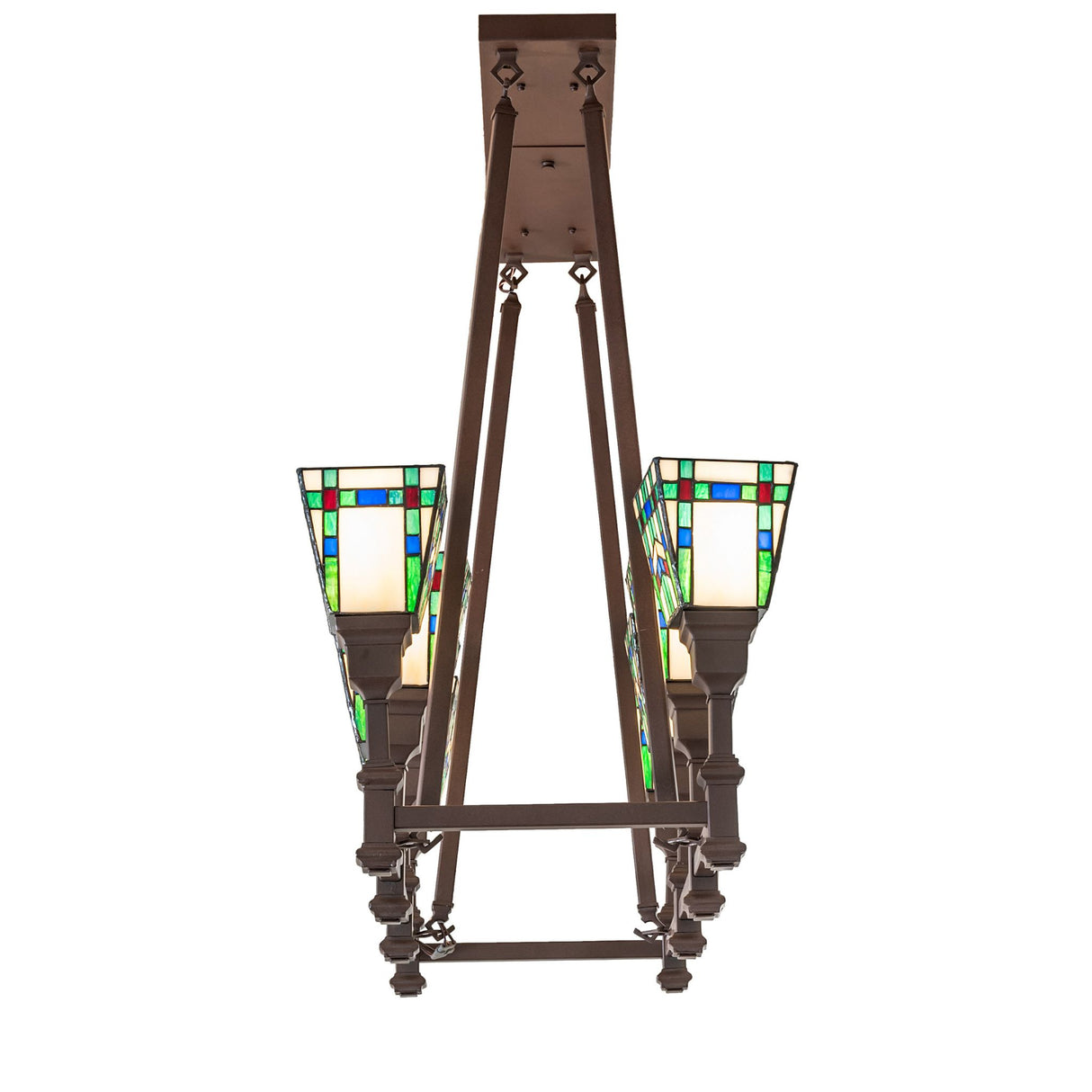 Side view of Prairie wheat oblong chandelier showcasing linear frame and glass shades.