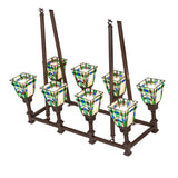 Top angle view of chandelier showing rectangular frame and suspension bars.