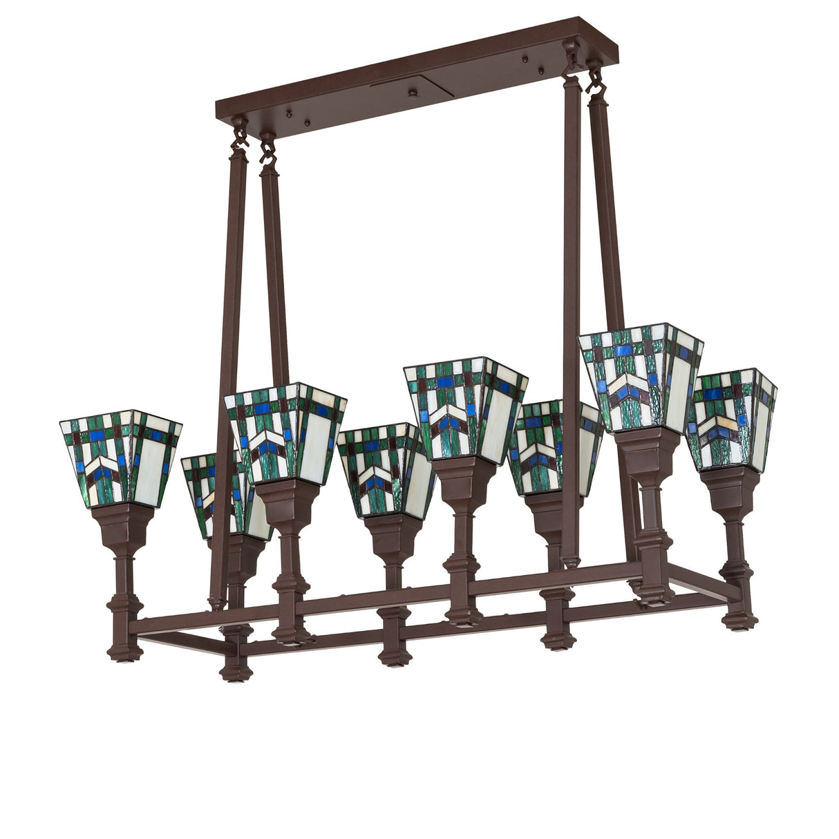 Unlit view of 8-light oblong chandelier highlighting stained glass wheat pattern.