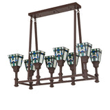 Unlit view of 8-light oblong chandelier highlighting stained glass wheat pattern.