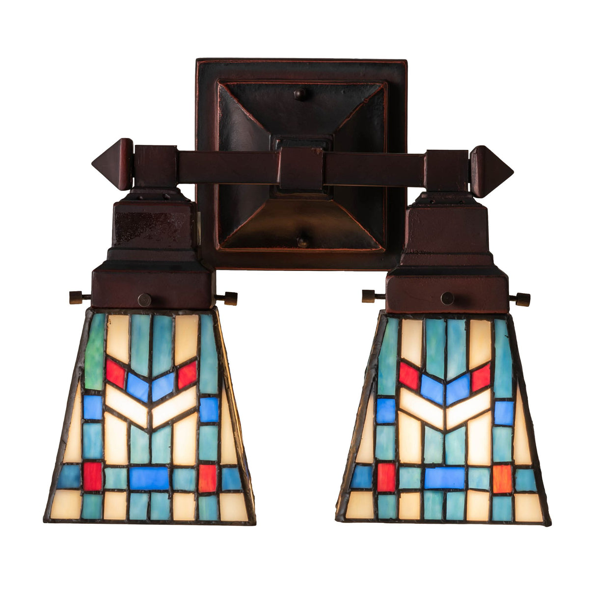 Front view of the Prairie Wheat Wall Sconce illuminated, displaying vibrant colored glass patterns.