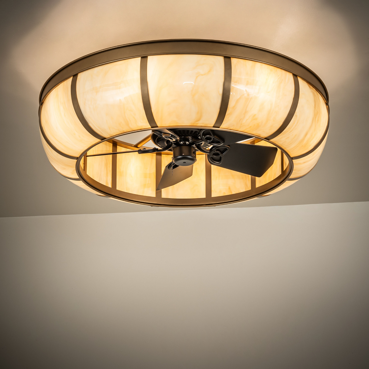 Ambient-lit view of Prime Dome chandelier fan casting warm glow.