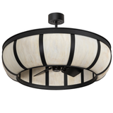Unlit angled view showing soft marbled Idalight shade and black frame.