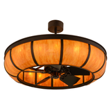 Angled lit view showing warm amber dome with integrated fan.