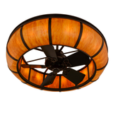 Low angle lit view revealing fan blades and glowing amber shade.