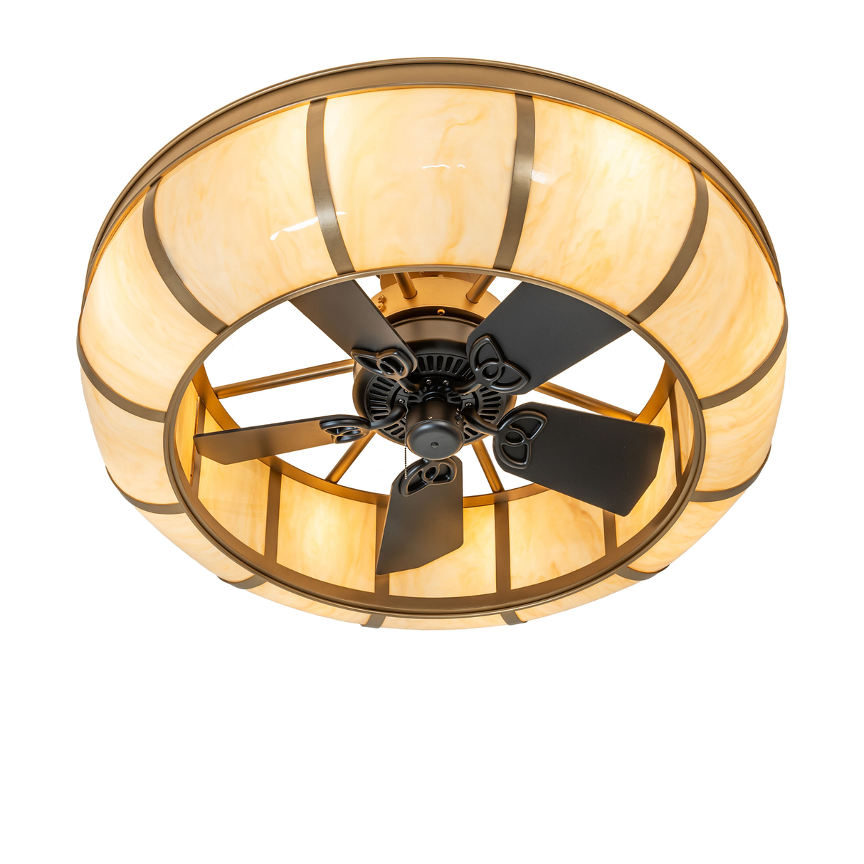 Bottom angle view showing integrated fan and soft amber lens glow.