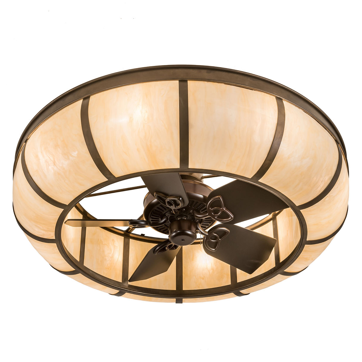 Bottom angled lit view showing fan blades and circular frame illumination.