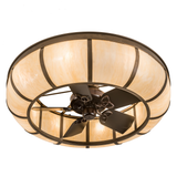 Bottom angled lit view showing fan blades and circular frame illumination.