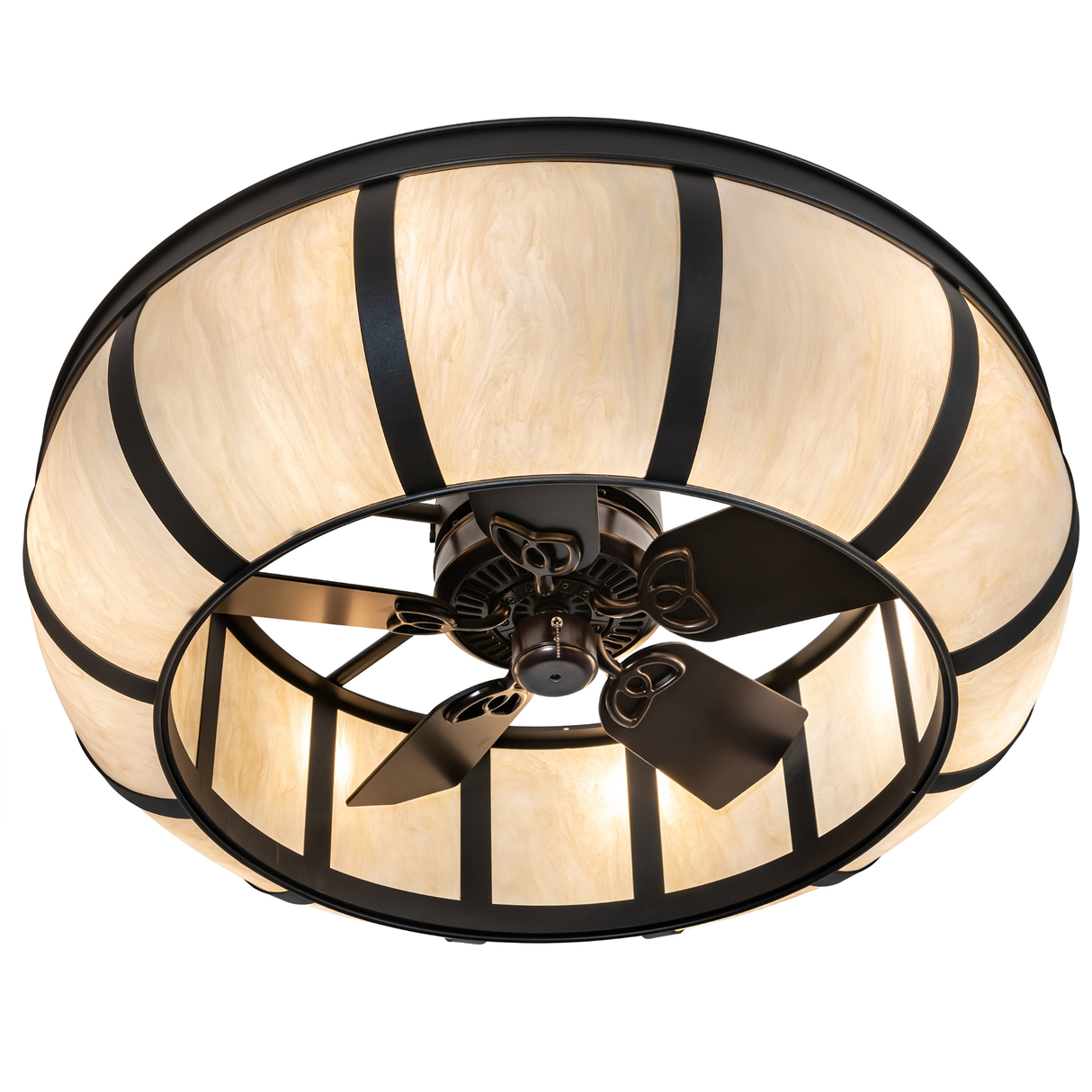 Bottom lit angle view revealing integrated fan and curved dome design.