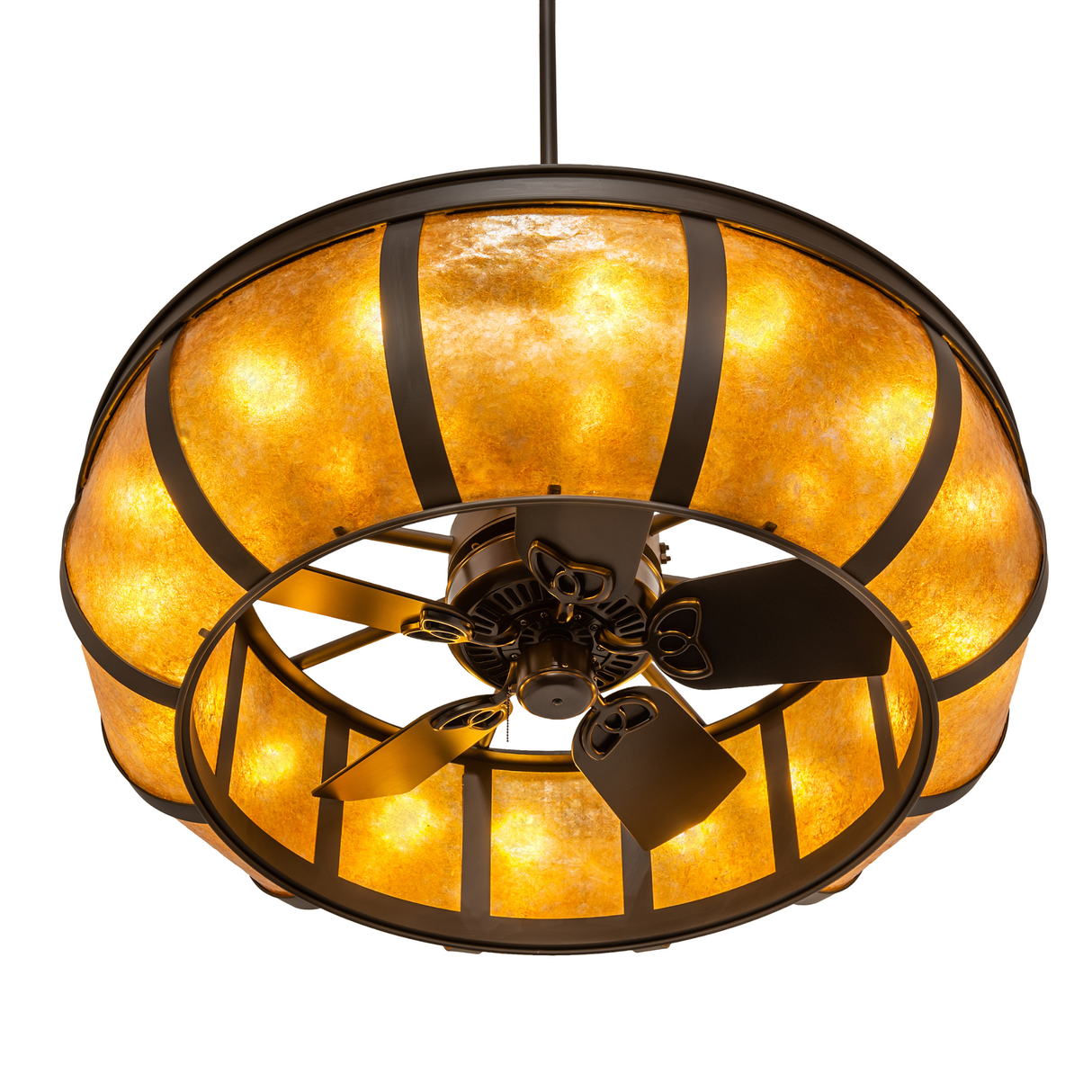 Bottom angle view revealing integrated fan blades and inner lighting ring.