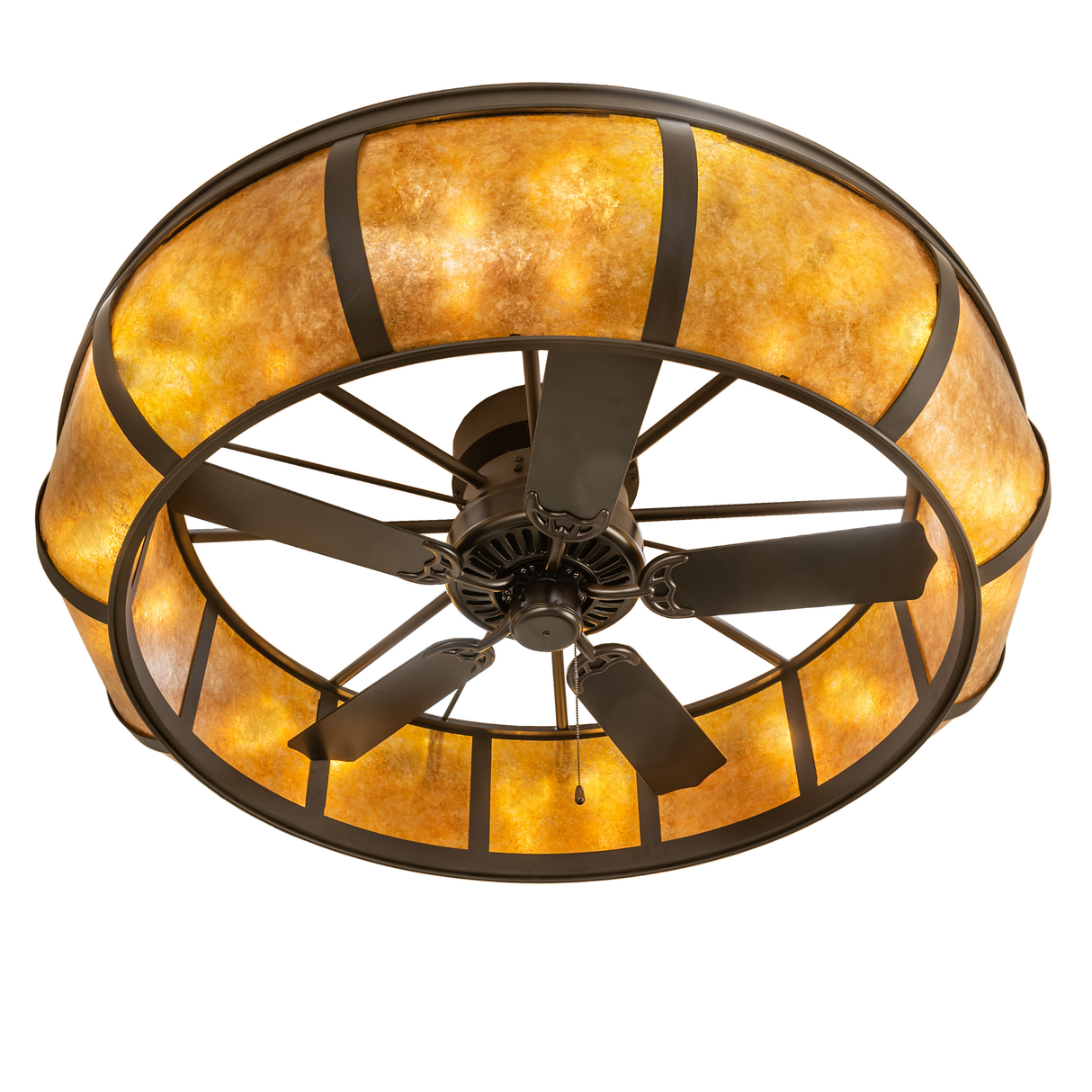 Bottom angle view revealing fan blades and glowing amber mica diffuser.