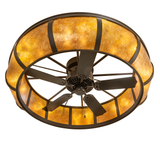 Bottom angle view revealing fan blades and glowing amber mica diffuser.