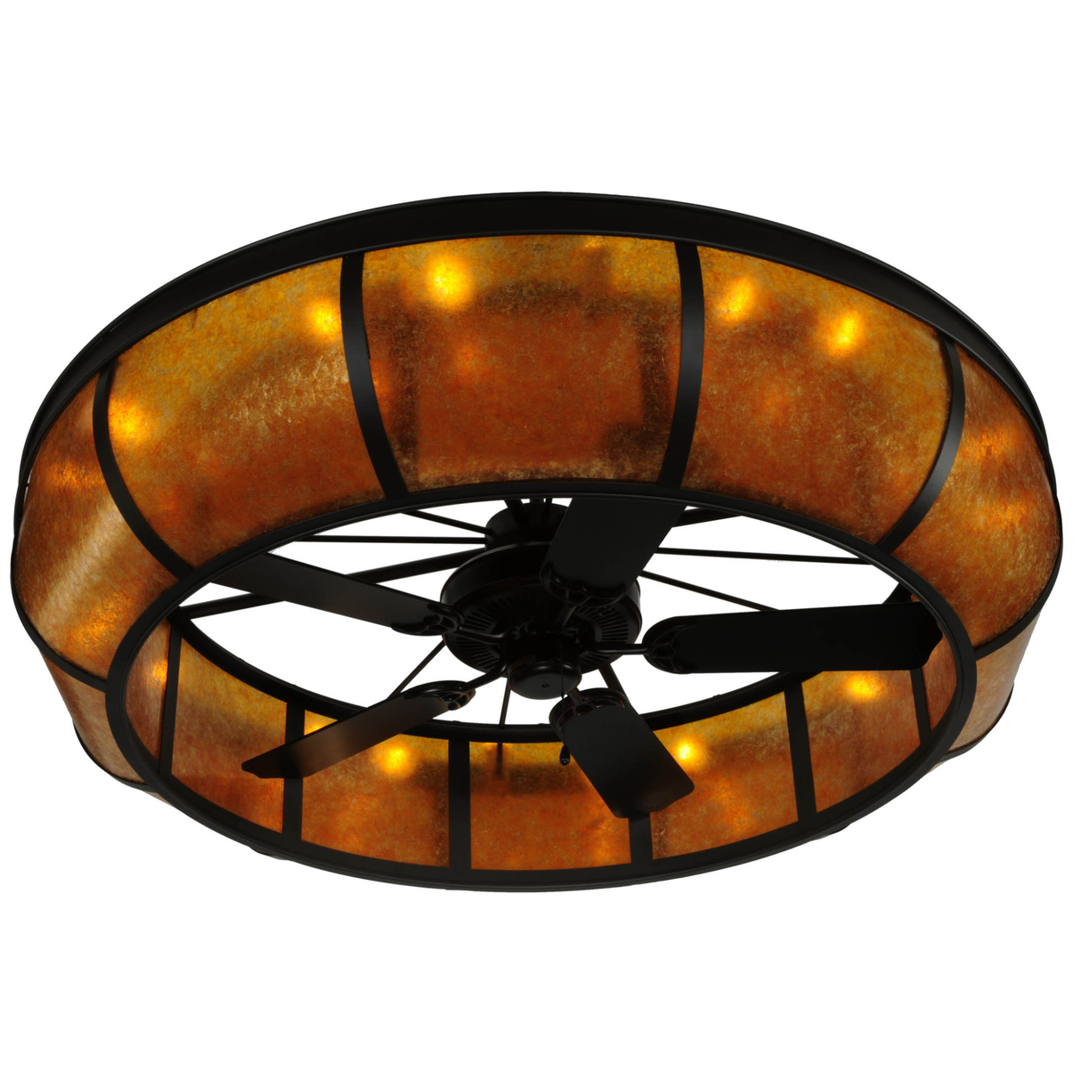 Bottom angle view of illuminated Prime Dome Chandel-Air with fan blades.