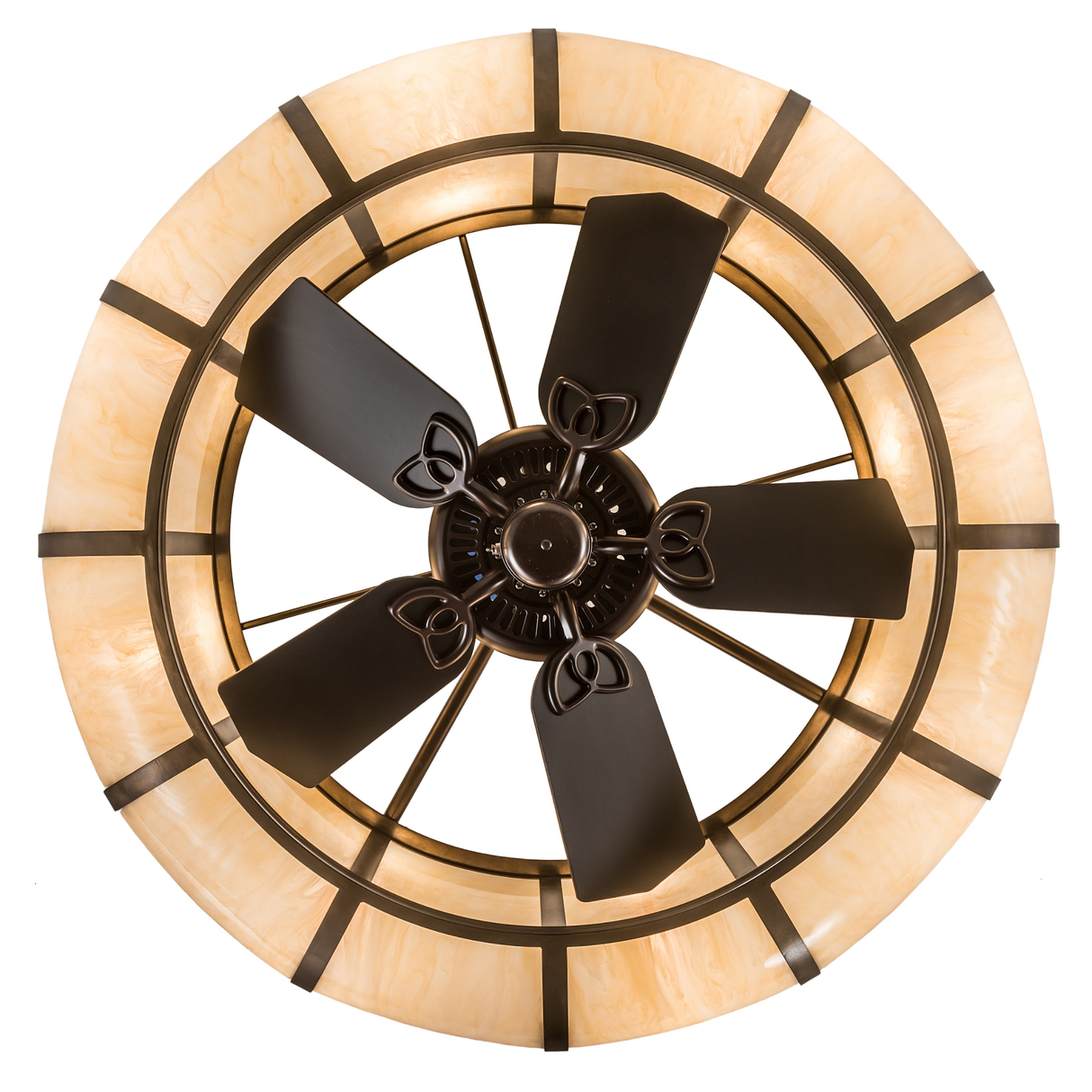 Bottom lit view highlighting five fan blades within softly illuminated dome diffuser.