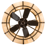 Bottom lit view highlighting five fan blades within softly illuminated dome diffuser.