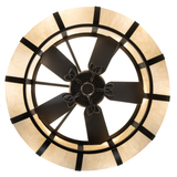 Bottom view showing fan blades framed by softly glowing dome light.