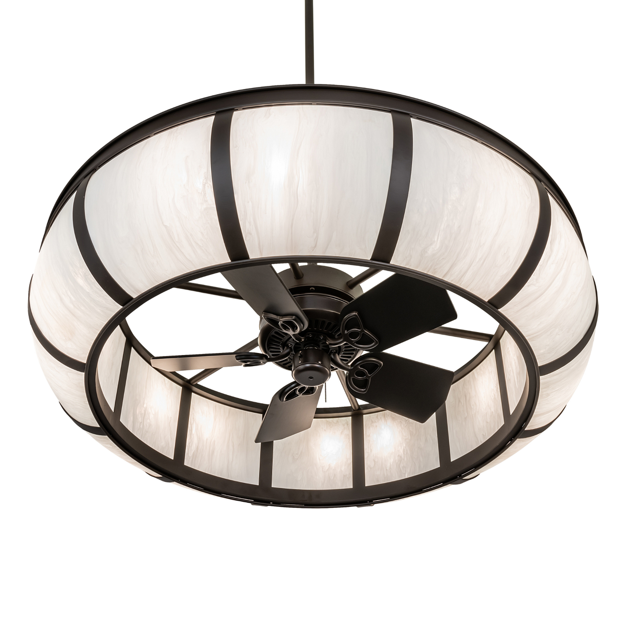Bottom view showing fan blades and glowing Idalight diffuser.