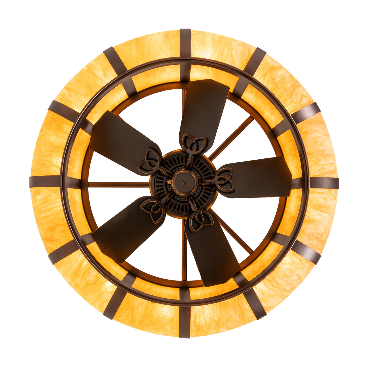 Bottom view of Prime Dome chandelier fan with six-blade design and warm illumination.