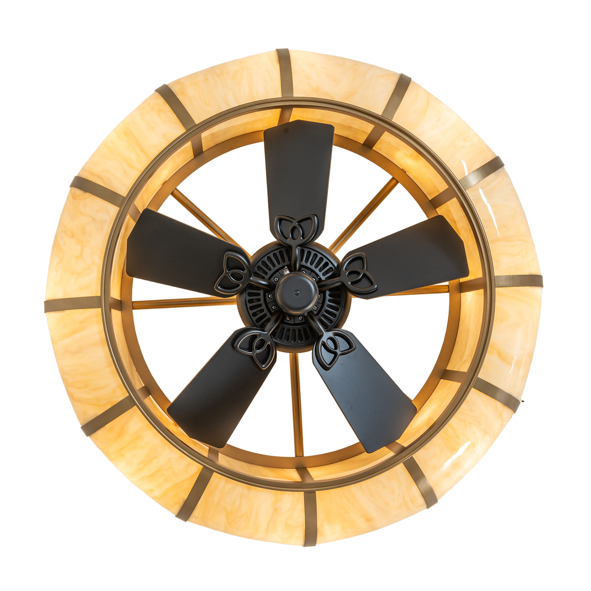 Bottom view of Prime Dome chandelier fan with visible fan blades.