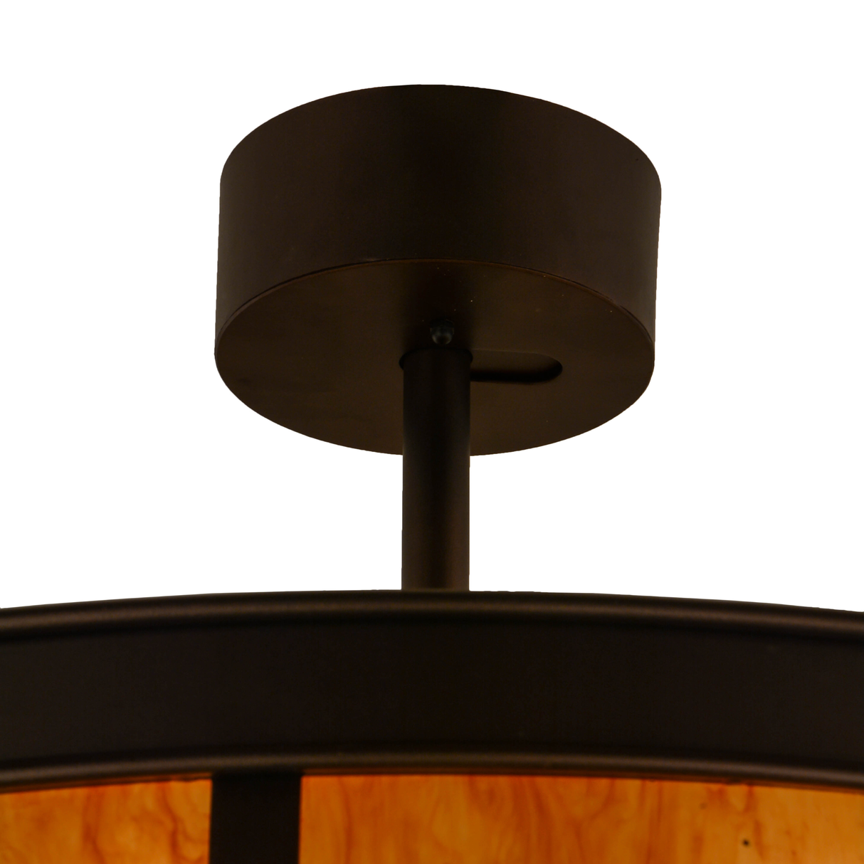 Closeup of ceiling canopy and downrod in mahogany bronze finish.