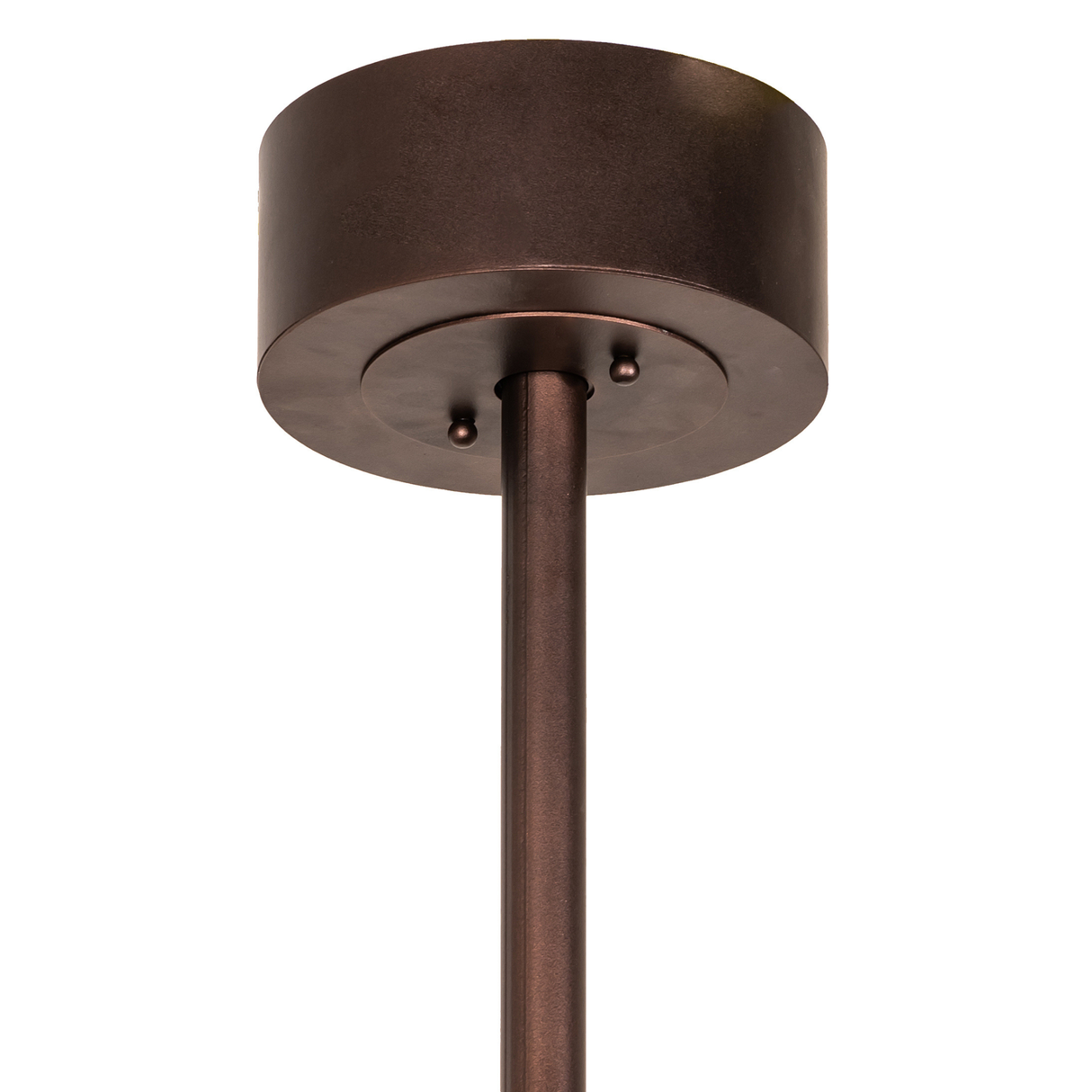 Ceiling canopy and downrod detail of Prime Dome chandelier fan in bronze finish.