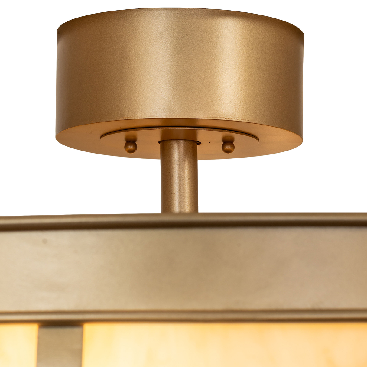 Ceiling canopy detail of Prime Dome chandelier fan with gold finish.