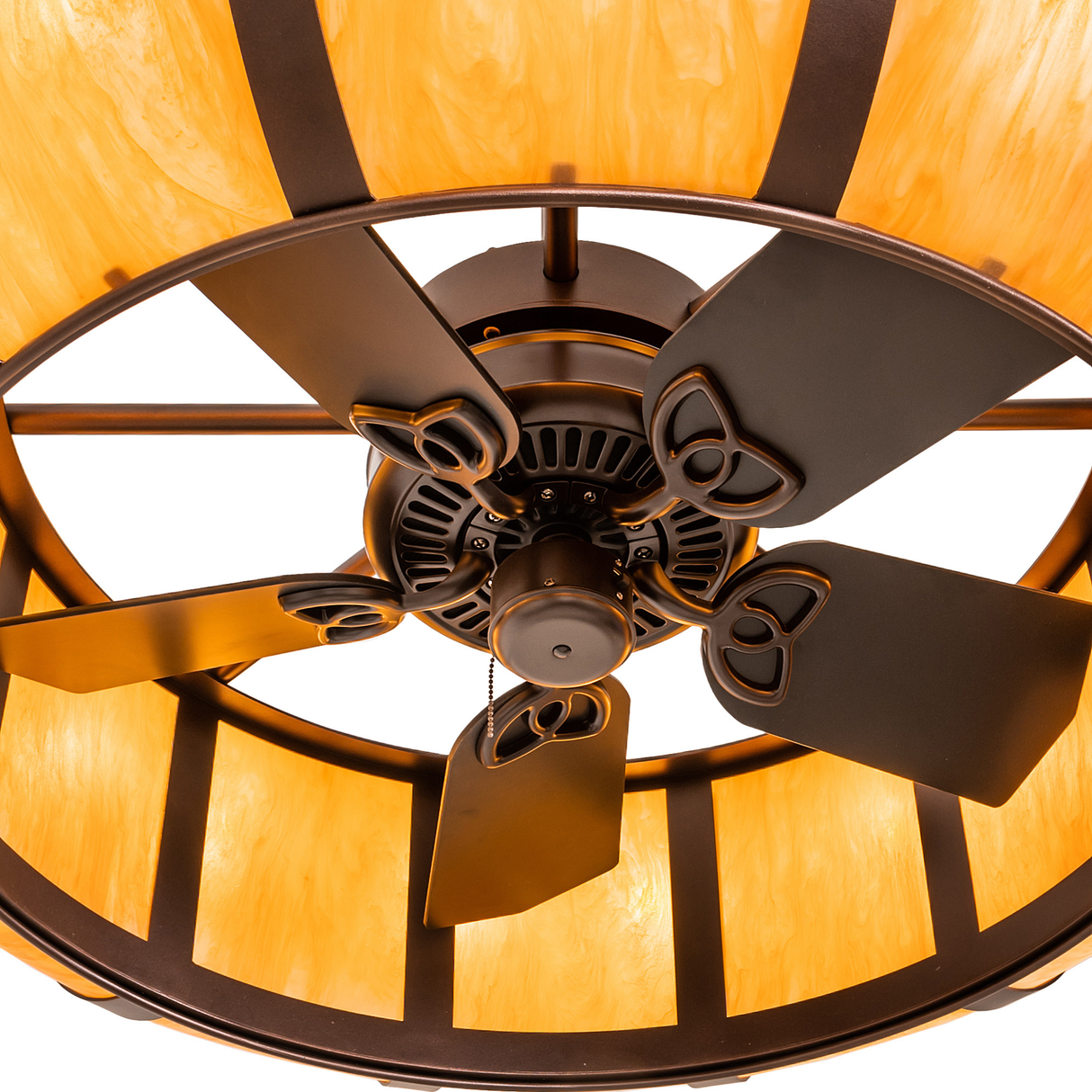 Close-up of Prime Dome chandelier fan motor and bronze hardware details.
