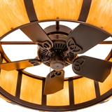 Close-up of Prime Dome chandelier fan motor and bronze hardware details.