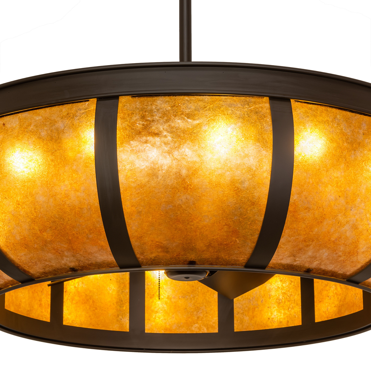Close-up of amber mica diffuser with visible bronze bracket detailing.