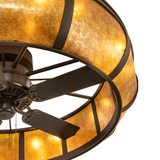 Close-up of fan blades and amber mica lighting details.