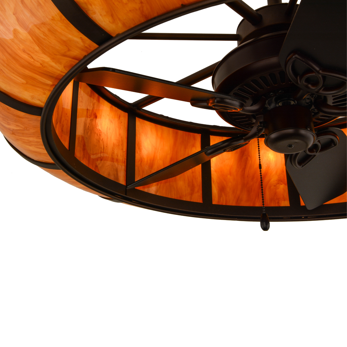Closeup view showing fan motor and inner bronze framework.