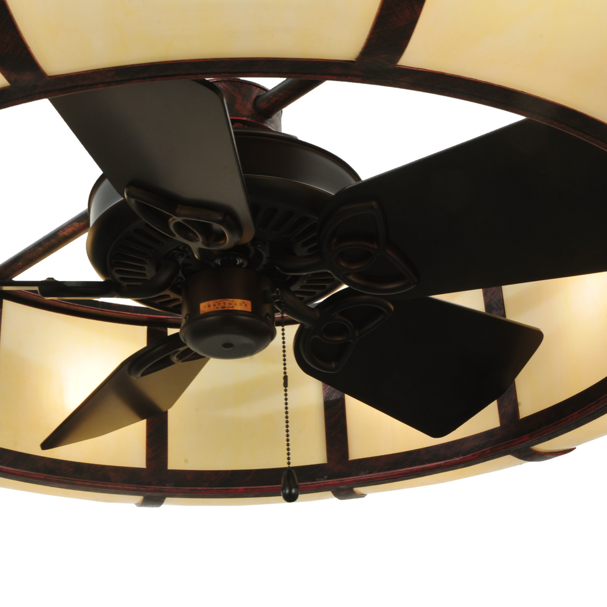 Angled close-up showing bronze fan and light diffuser of Prime Dome Chandel-Air.