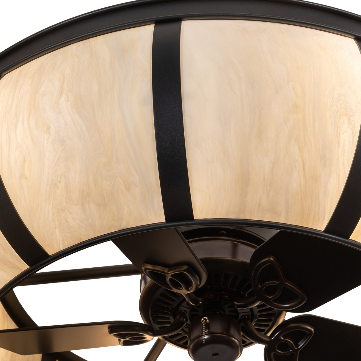 Closeup showing fan hub and warm cream Idalight shade texture.