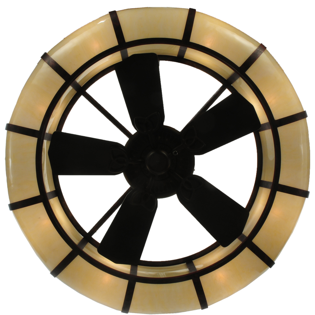Fan blade close-up of Prime Dome Chandel-Air with warm lighting.