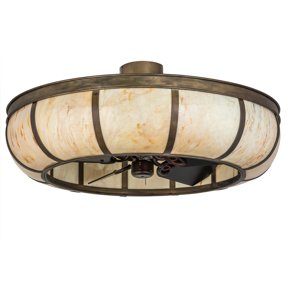 Front unlit view showing dome form with Antique Copper frame and fan beneath.