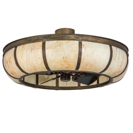 Front unlit view showing dome form with Antique Copper frame and fan beneath.