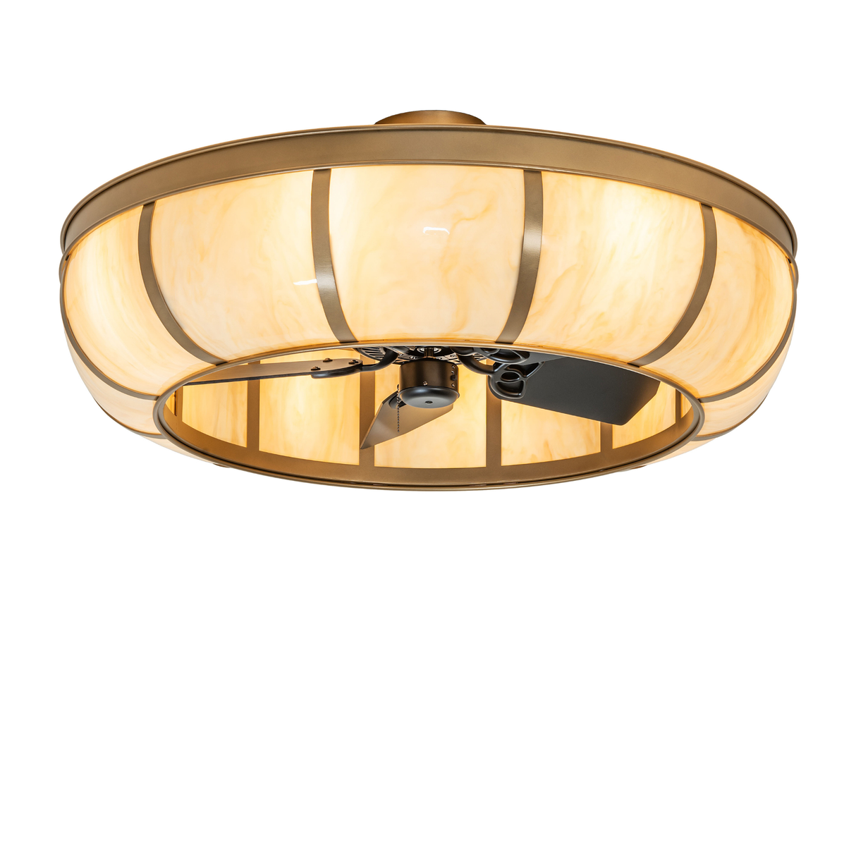 Front view of Prime Dome chandelier fan with gold metallic finish.