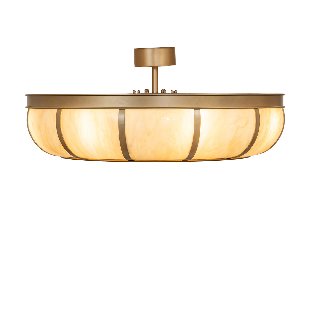 Straight horizontal view of illuminated Prime Dome chandelier fan.