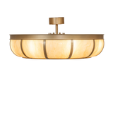 Straight horizontal view of illuminated Prime Dome chandelier fan.