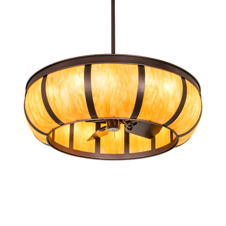 Prime Dome chandelier fan with glowing amber Idalight shade and bronze finish.