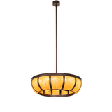 Prime Dome chandelier fan with long downrod and suspended amber dome design.