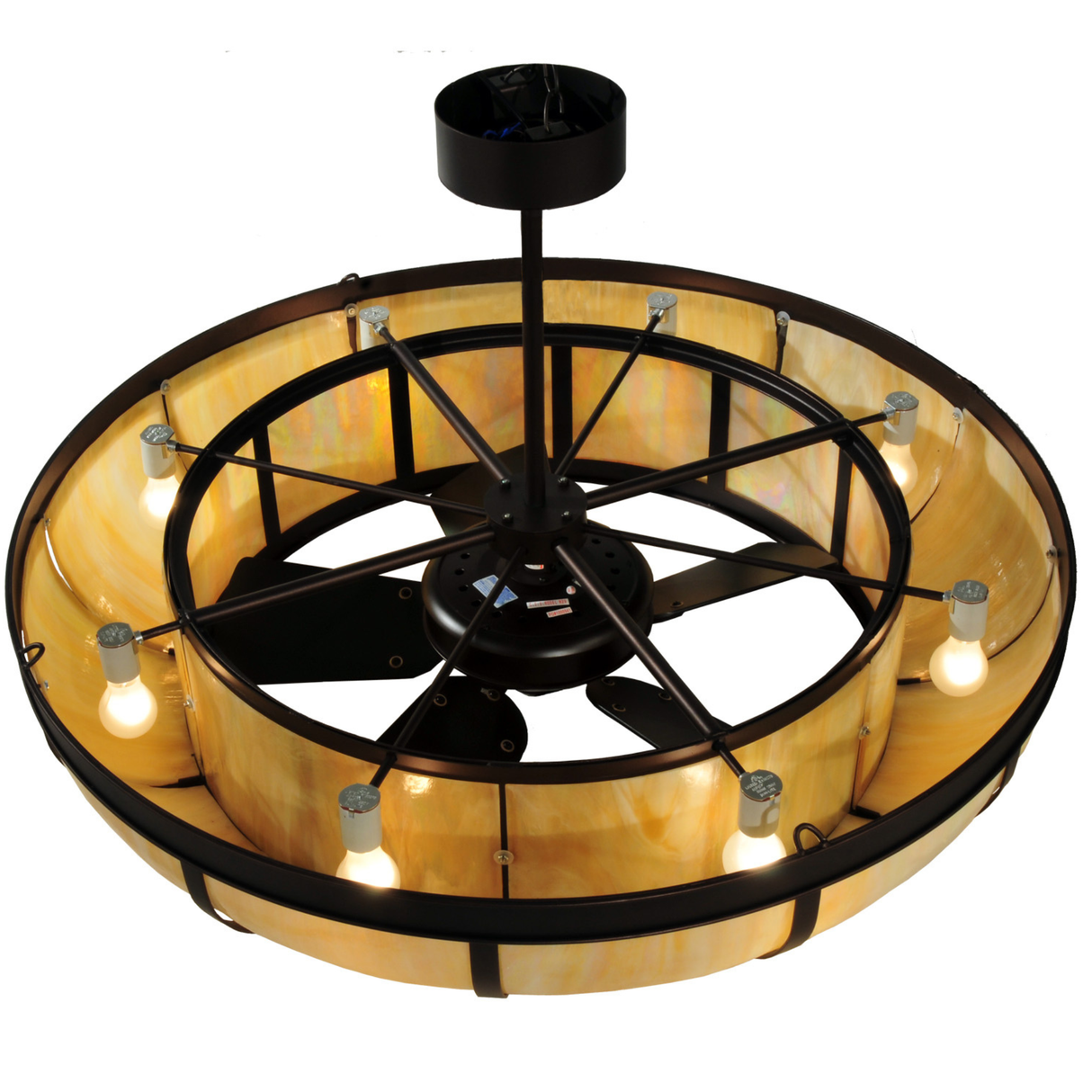 Top lit view displaying open fan frame with interior bulbs illuminated.