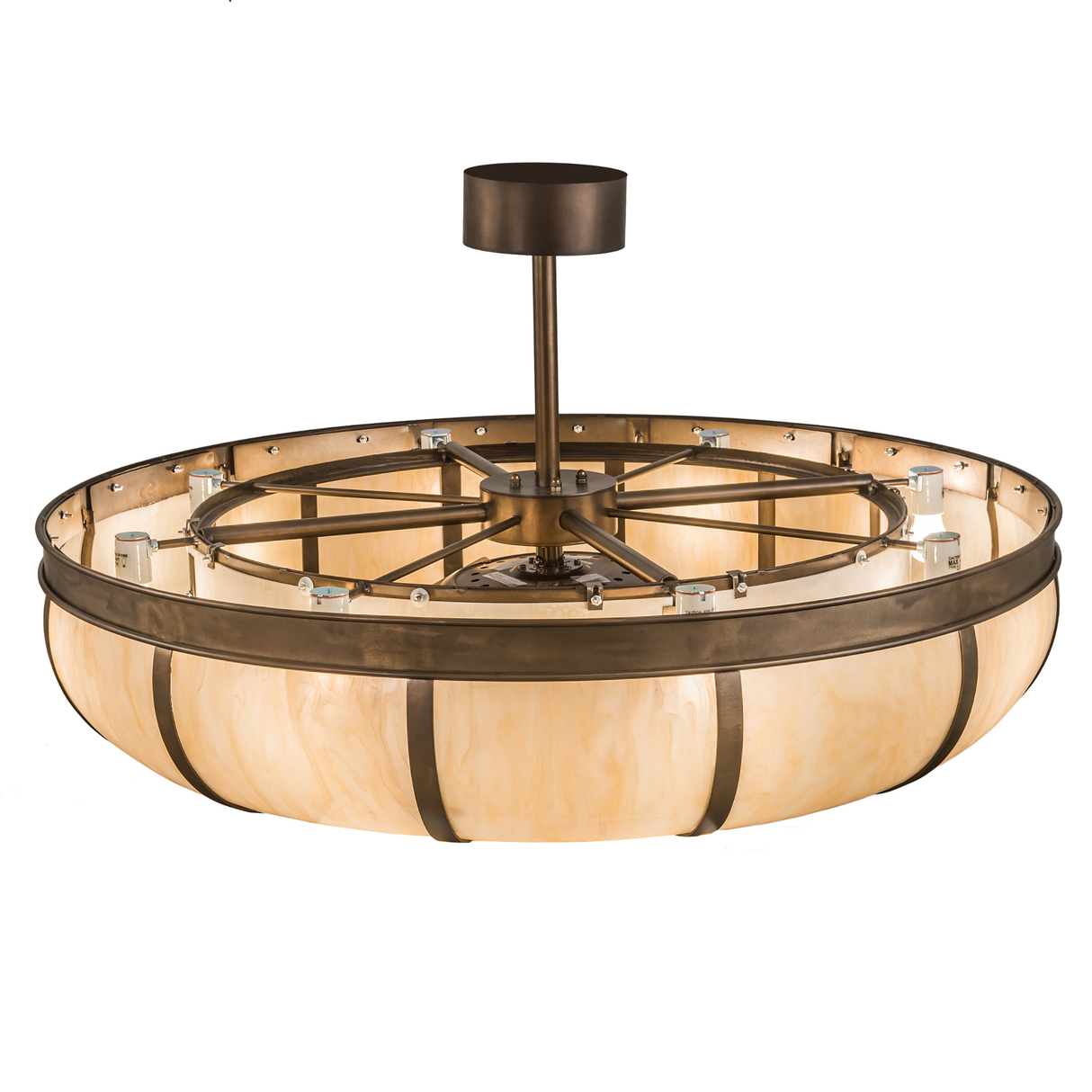 Overhead lit view displaying internal bulb arrangement and central fan housing.
