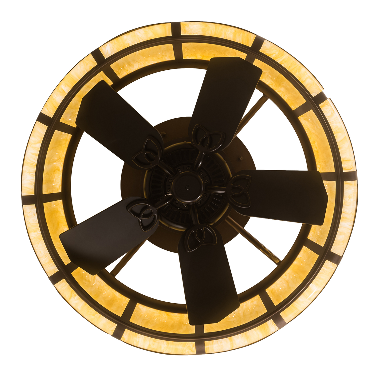 Bottom lit view displaying fan and circular amber mica lighting glow.