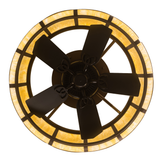 Bottom lit view displaying fan and circular amber mica lighting glow.