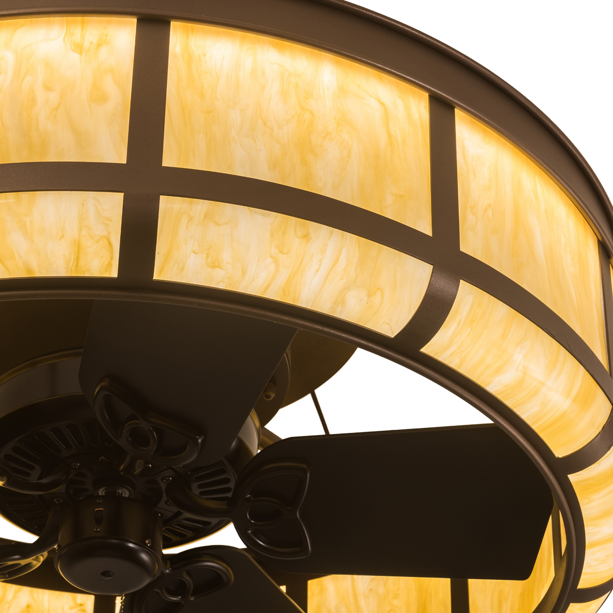 Close-up of bronze metal frame and warm Botticino Idalight diffuser.