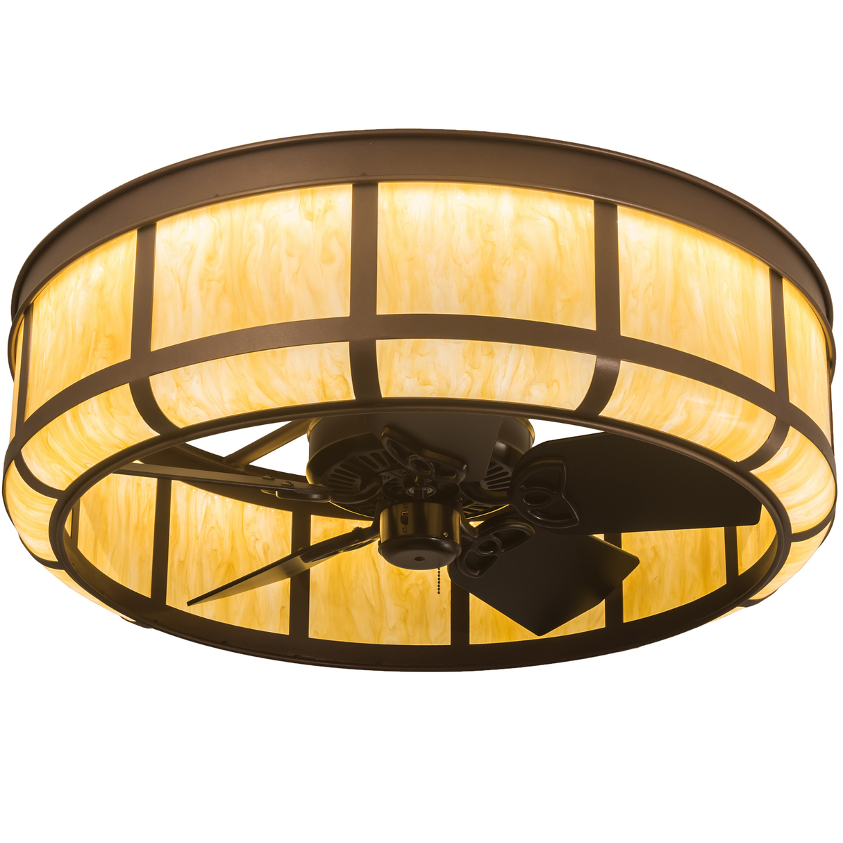 Lit angled view of Prime Lanesboro Chandel-Air with glowing Botticino Idalight.