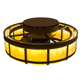 Top angled lit view highlighting fan structure and handcrafted frame.