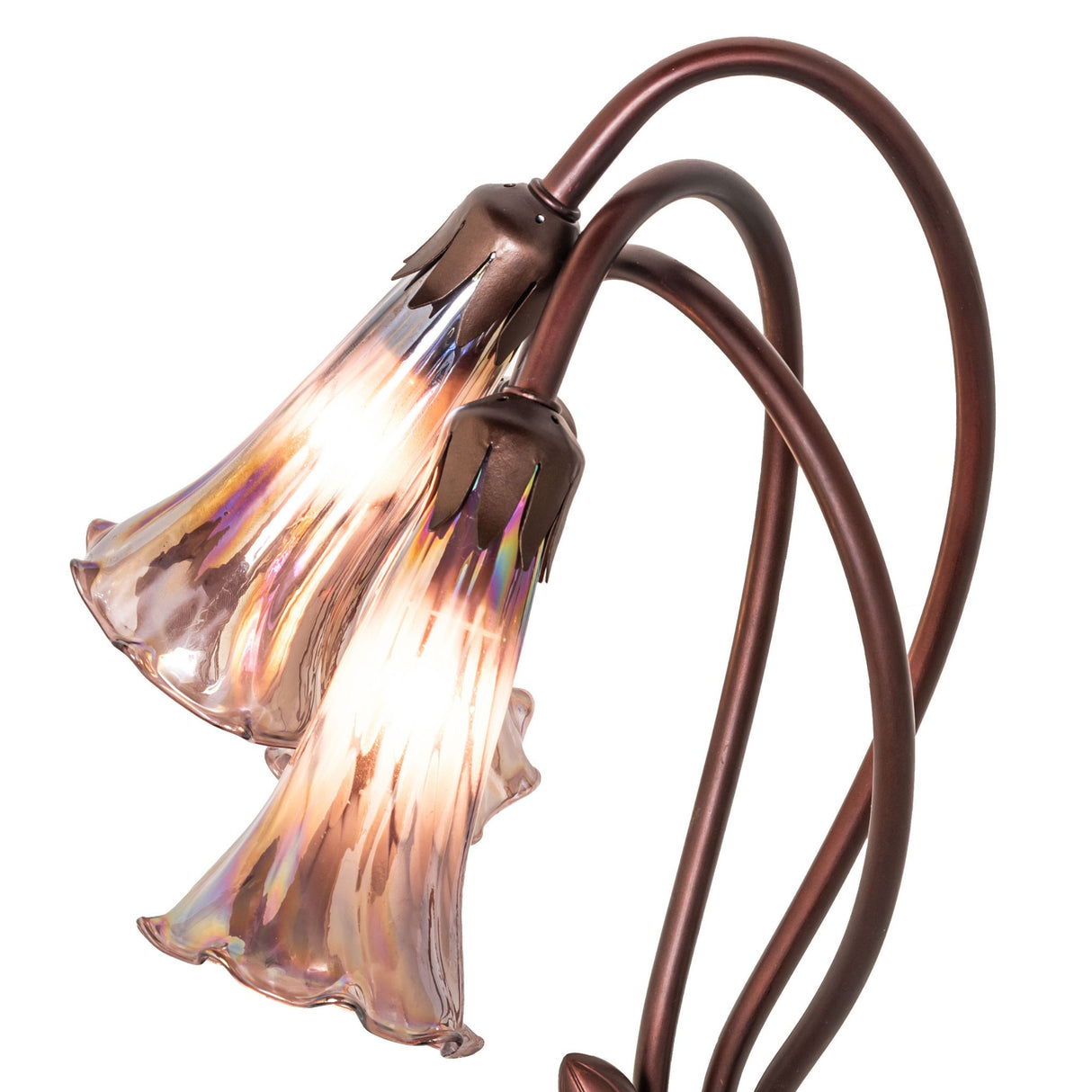 Close-up of the intricate stained glass and bronze details on the Tiffany Pond Lily accent lamp.